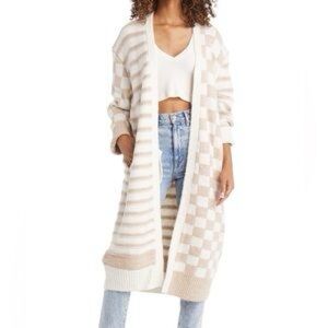 Topshop Checkerboard and Stripe Beige and Cream Long Cardigan